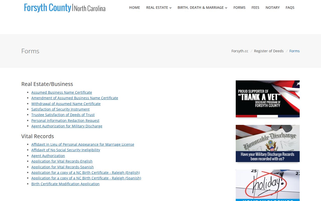 Winston-Salem resident lookup vital record forms at the Forsyth Register of Deeds